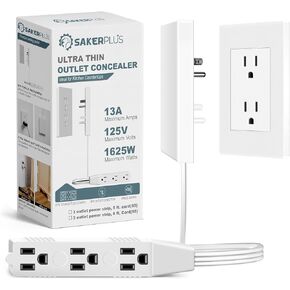 Outlet Concealer Power Strip-Outlet Cover Extender with 3AC Outlets-5ft Flat Plug Extension Cord,Universal Size,1625W for Kitchen, Home and Office,Child & Pet Safe(Dual 5 Foot)