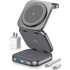 شاحن لاسلكي لـ Magsafe، محطة شحن محمولة 5 في 1 AC Island، حامل مغناطيسي سريع الطي بقدرة 15 وات بحد أقصى، متطور لسلسلة iPhone 15/14/13، وساعة Apple S1-9/Ultra، وAirPods (مع محول 35 وات) in Kuwait