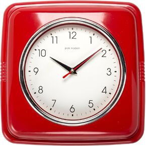 Square Silent Retro 11 inch Mid Century Modern Kitchen Diner Retro Wall Clock Silent Quartz Movement (Red)