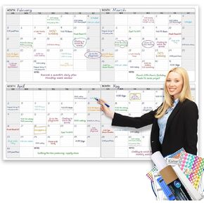 Dry Erase Four Month Laminated jumbo Wall Calendar, 46" x 63", Huge quarterly Laminated Erasable White Board, Giant 120 day Family Whiteboard Schedule Planner, Large Multi Month Reusable Poster