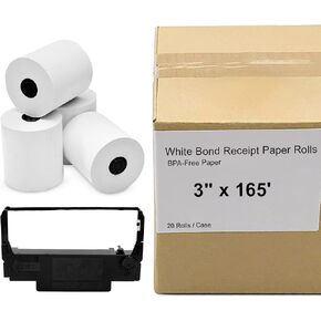 20 Roll Case of 3" x 165' White Bond Receipt Roll Paper for Epson Kitchen Printer and 1 Epson ERC 30/34/38 Black Printer Ink Ribbon