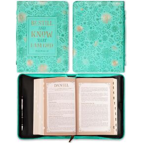 Christian Art Gifts Women's Fashion Bible Cover Be Still and Know Psalm 46:10, Turquoise/Gold Floral Faux Leather, Medium