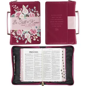 Christian Art Gifts Fashion Vegan Leather Bible Cover for Women: Be Still & Know - Inspirational Bible Verse, Sturdy Easy Carry Book Case w/Pen Loops, Burgundy, Large