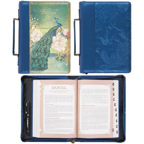 Christian Art Gifts Vegan Leather Fashion Bible Cover Carry Case for Women: Blessed - Jer. 17:17 Inspirational Scripture w/Cute Peacock & Multicolor Florals, Pockets, Pen Storage, Metallic Blue, Large