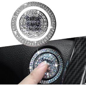 2 PCS Bling Car One-Button Start Decorative Ring, Diamond-Encrusted Start-Stop Button Anti-Scratch Protective Cover, Key Ignition Knob Ring, Universal Interior Shiny Accessories (White)