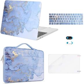 MOSISO Compatible with MacBook Pro 13 inch Case 2024-2016 M2 M1 A2338 A2251 A2289 A2159 A1989 A1708 A1706, Plastic Watercolor Marble Hard Case&Bag&Keyboard Skin&Webcam Cover&Screen Protector, Blue
