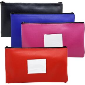 Bank Deposit Money Bag Pouch (4 Pack), Utility Leatherette Securit Vinyl Zipper Wallet Pouches with Framed ID Window and Blank Card for Cash Money, Cosmetics, Tools, 11x6 inches (4 Color)