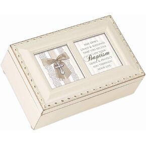 Cottage Garden May God's Grace Blessings Baptism Ivory Goldtone Trim Petite Jewelry Music Box Plays Jesus Loves Me