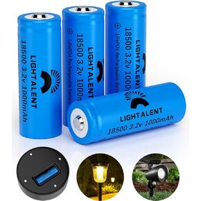 18500 3.2V Rechargeable Battery, LiFePO4 18500 3.2V 1000mAh 3.2wh Solar Batteries for Outdoor Solar Lights, Flashlight, Security System Panels (4 Pack)