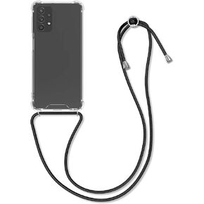 kwmobile Crossbody Case Compatible with Samsung Galaxy A32 5G Case - Clear TPU Phone Cover w/Lanyard Cord Strap - Black/Transparent