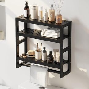 Bathroom Organizer Shelves 3 Tiers Floating Shelf with Hanging Bar Over The Toilet Storage Bathroom Wall Shelf-Adjustable Wall Bathroom Organizer (Black)