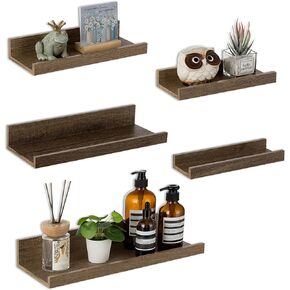 Farmhouse Wall Shelves with Ledge - Rustic Floating Shelf Dark Brown Floating Shelves Wooden Wall Decor Storage for Bathroom Plant Display