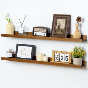 Picture Ledge Shelf for Wall, 16 inch Solid Pine Wood Nursery Book Shelves 2 Packs, Floating Ledge Shelves for Kids' Room Bedroom Bathroom Living Room Photo Frames Office Nursey Wall Decor, Black