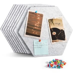 12" Large Bulletin Board with 30 Push Pins, Pack of 8 Hexagon Felt Pin Board Notice Boards for Home Office Kitchen, Felt Wall Tiles for Photos Memos