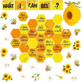 54 Pcs Bee Bulletin Board Decorations Bee Bulletin Board Cutouts Bee Sunflowers Daisy Cutouts with Adhesive Dots Classroom Decor Inspirational Bee Bulletin Board for Classroom Wall Decor