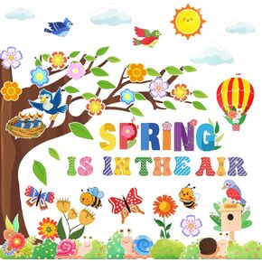 HOWAF 96pcs Spring is in The Air Bulletin Board Decorations,Spring Flower Colorful Cutouts Set for Classroom Border Decorations, Spring Floral Butterfly School Home Chalkboard Wall Window Decor