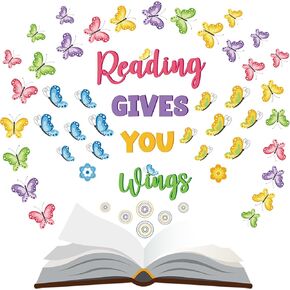 62 قطعة من زخارف لوحة الإعلانات الربيعية، قراءة فراشة الزهرة تمنحك أجنحة لوحة الإعلانات مجموعات قطع فراشة الربيع لمستلزمات مكتبة الفصول الدراسية والعودة إلى المدرسة in Kuwait