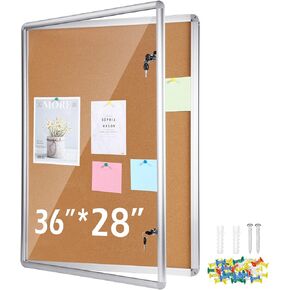Ctosree Enclosed Bulletin Board Case Lockable Cork Notice Board Waterproof Board Aluminum Framed Bulletin Boards Cabinet with Mounting Screws for School Class Office Wall 36x28 (Natural Color)