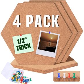 Hexagon Cork Board Tiles 11.81"X 10.24" – 1/2" Thick Self Adhesive Cork Board for Wall - 4 Pack Bulletin Board Pin Board Cork Tiles for Office Home Kitchen Classroom - 40 Push Pins