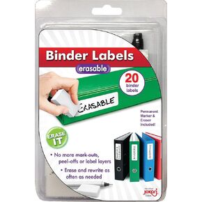 Jokari Erasable Reusable Office and School Binder Labels, 3.4 x 1 Inch. Kit Includes 20 Pack of Stickers with Fine-Tipped Permanent Marker and Eraser