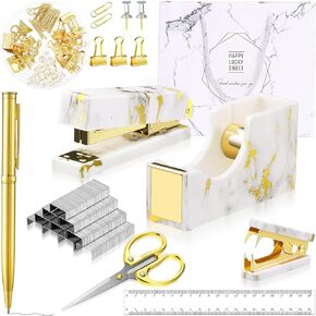 Desk Accessory Kit Office Supplies Set Marble Stapler Tape Dispenser Staple Remover Staples Ballpoint Pen Paper Clips Scissor Transparent Ruler Desk Organizer for Office Clerks Student (Gold, Silver)