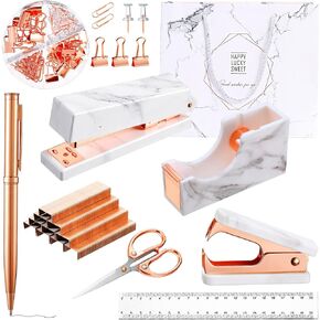 Desk Accessory Kit Office Supplies Set Marble Stapler Tape Dispenser Staple Remover Staples Ballpoint Pen Paper Clips Scissor Transparent Ruler Desk Organizer for Office Clerks Student (Gold, Silver)