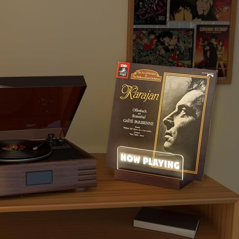 Now Playing Vinyl Record Stand-Vinyl Record Holder with LED Light, Solid Walnut Now Spinning Record Stand-Record Display for Albums, DVD, iPad, Storage (Walnut) in Saudi Arabia