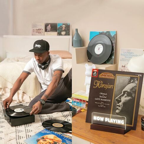 Now Playing Vinyl Record Stand-Vinyl Record Holder with LED Light, Solid Walnut Now Spinning Record Stand-Record Display for Albums, DVD, iPad, Storage (Walnut) in Saudi Arabia