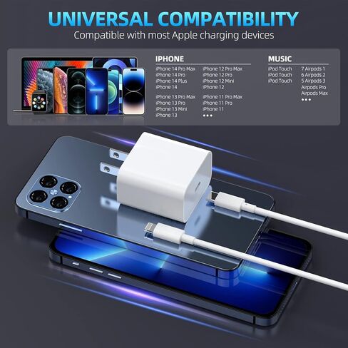 شاحن سريع iPhone، شاحن iPhone شحن سريع شاحن USB C مزدوج المنفذ [معتمد من Apple MFi] 2 حزمة 2 في 1 محول شاحن Apple سريع كابل لايتنينج 6FT لهاتف iPhone 14 ProMax/13Pro/12 Mini/11/XR/SE in Kuwait