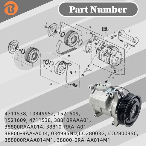 ضاغط مكيف الهواء مع القابض - يستبدل CO 28003C، 38810-RAA-A01، 10349951 - متوافق مع Accord، 2003-2007 in Kuwait