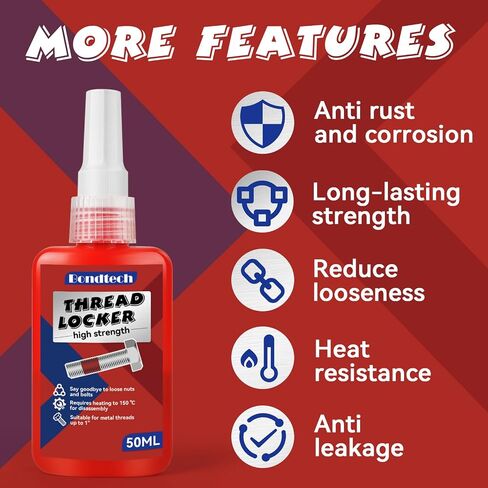 Threadlocker Red، خزانة خيط عالية القوة 50 مل، مشابك معدنية للقفل والختم، خيط يصل إلى 1 بوصة، غراء لولبي ثابت in Saudi Arabia