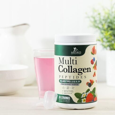 مسحوق ببتيدات الكولاجين من Nature's Nutrition - البروتين المتحلل من الأعشاب، النوع الأول والثاني والثالث والرابع والخامس، لدعم الشعر والبشرة والأظافر والمفاصل، كيتو، باليو، غير معدّل وراثيًا، مسحوق الكولاجين للنساء - 30 وجبة in Kuwait