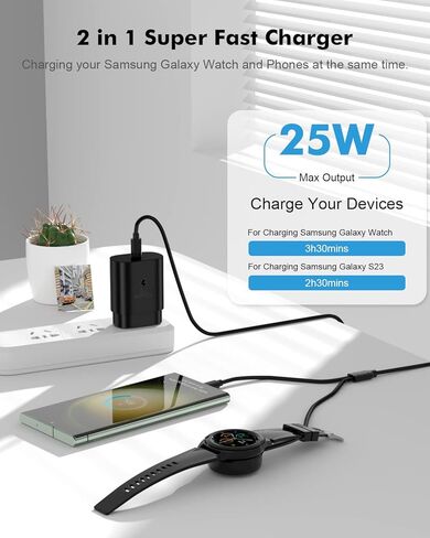 شاحن ساعة سامسونج جالاكسي 2 في 1 25 وات USB C شاحن سريع لهاتف سامسونج جالاكسي S23 Ultra/S23/S22 Ultra/S22/S21، Galaxy Watch 5 Pro/5/4/3/Active2/1، Tab S8/S7، Z Fold 4 /Z Flip 4,4.9FT شاحن حائط بكابل in Kuwait