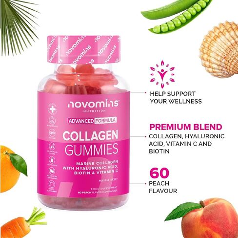 علكات الكولاجين - كولاجين بحري متحلل للنساء والرجال - مضاد للشيخوخة، نمو الشعر، العناية بالبشرة والأظافر القوية، مكملات الكولاجين البروتينية - فيتامينات الكولاجين الصمغية - مصنوعة من نوفومين in Kuwait