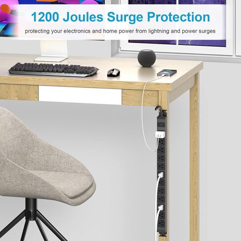 HHSOET قطاع طاقة قابل للتركيب بزاوية 360 درجة و12 منفذ، شريط طاقة طويل من سبائك الألومنيوم، 1200 جول، واقي من زيادة التيار على الحائط عالي التحمل مع مفتاح، سلك طاقة بطول 6 أقدام. in Kuwait