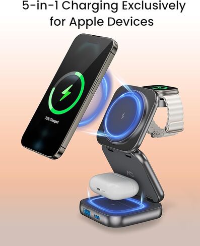 شاحن لاسلكي لـ Magsafe، محطة شحن محمولة 5 في 1 AC Island، حامل مغناطيسي سريع الطي بقدرة 15 وات بحد أقصى، متطور لسلسلة iPhone 15/14/13، وساعة Apple S1-9/Ultra، وAirPods (مع محول 35 وات) in Kuwait