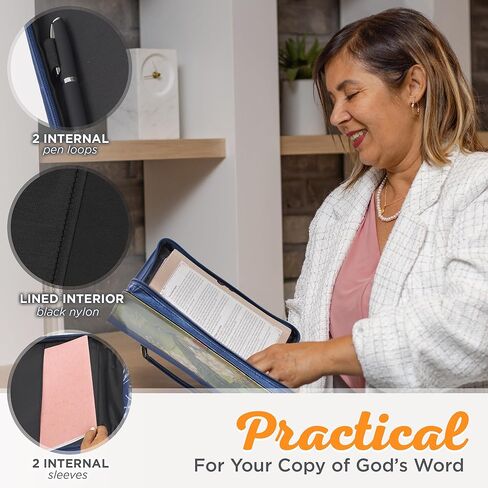 Christian Art Gifts Vegan Leather Fashion Bible Cover Carry Case for Women: Blessed - Jer. 17:17 Inspirational Scripture w/Cute Peacock & Multicolor Florals, Pockets, Pen Storage, Metallic Blue, Large in Kuwait