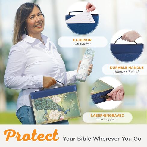 Christian Art Gifts Vegan Leather Fashion Bible Cover Carry Case for Women: Blessed - Jer. 17:17 Inspirational Scripture w/Cute Peacock & Multicolor Florals, Pockets, Pen Storage, Metallic Blue, Large in Kuwait