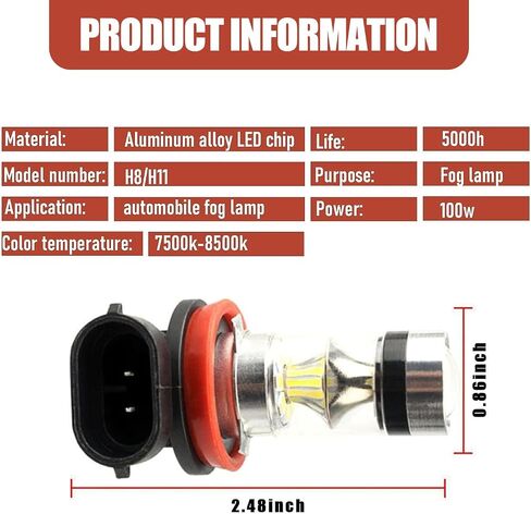 2 قطعة 9005/9006 LED مصباح ضباب السيارة، مصابيح تشغيل نهارية، ضوء أمامي 6500K، مصابيح شعاع منخفضة 12 فولت 100 وات، عالمية لمعظم المركبات (الضوء الأبيض) in Saudi Arabia