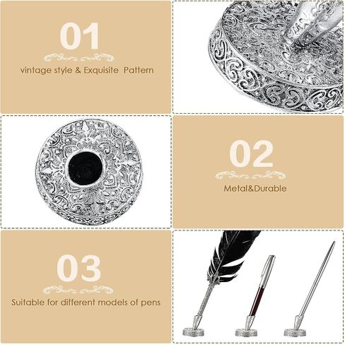 2 Pieces Vintage Round Metal Feather Pen Holder Insertion Pen Holder Feather Quill Stand Desktop Dip Pens Base for Office Supplies Student Present(Ancient Bronze) in Saudi Arabia