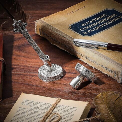 2 Pieces Vintage Round Metal Feather Pen Holder Insertion Pen Holder Feather Quill Stand Desktop Dip Pens Base for Office Supplies Student Present(Ancient Bronze) in Saudi Arabia