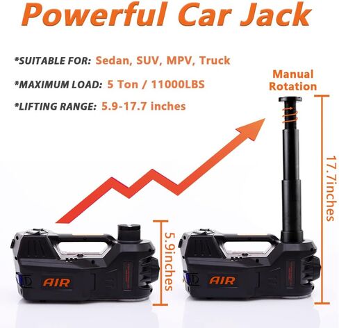 STANDTALL Electric Car Jack Kit 5 Ton 12V Car Jack Hydraulic with Impact Wrench and Tire Inflator Pump and LED Light for SUV Sedan Truck Change Tires(Black) in Saudi Arabia