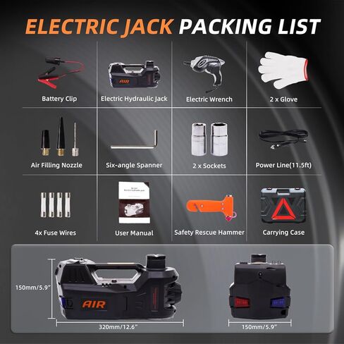 طقم جاك السيارة الكهربائية STANDTALL، مقبس هيدروليكي 5 طن 12 فولت مع مضخة نفخ الإطارات ومفتاح ربط الصدمات وإضاءة LED، لسيارات السيدان وسيارات الدفع الرباعي والشاحنات، وإصلاح تغيير إطارات المرآب المنزلي وطوارئ الطريق in Kuwait
