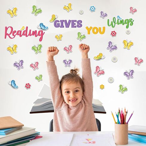62 قطعة من زخارف لوحة الإعلانات الربيعية، قراءة فراشة الزهرة تمنحك أجنحة لوحة الإعلانات مجموعات قطع فراشة الربيع لمستلزمات مكتبة الفصول الدراسية والعودة إلى المدرسة in Kuwait