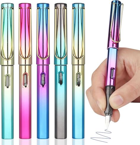 Fountain Pen Set - 5 Pack 0.38mm Nib Refillable Ink, Portable Matte Fountain Pens for Writing, Fine Point Smooth Writing Pen, Ergonomic Design - Ideal for Students, Professionals and Gift in Kuwait