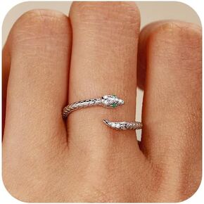 Gold Snake Ring for Women Men 925 Sterling Silver Ajustable Open Green CZ Rhinestone Snake Rings Gothic Retro Animal Ring Fashion Snake Wrap Stacking Statement Band Ring Jewelry Gift for Everyday Wear