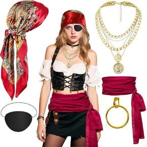زي Starjutsu Womens Pirate Costume for Halloween Cosplay Party Pirate Associory Outfit Head Dickf Bandana Necklace for Women Assume Assume Set