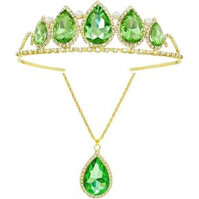Tiana Princess Inspired Crown & Necklace Set Tiana Green Crystal Tiara for Birthday Halloween Themed Parties Dress up
