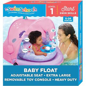 SwimSchool Deluxe Baby Pool Float with Adjustable Canopy - 6-24 Months - Baby Swim Float with Splash & Play Activity Center Safety Seat - Pink/Aqua in Saudi Arabia