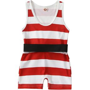 Lesimsam Strong Man Toddler Assume ، Red Stripes Slobes U Neck Romper Jelemsuit مع حزام ، زي Cosplay Halloween